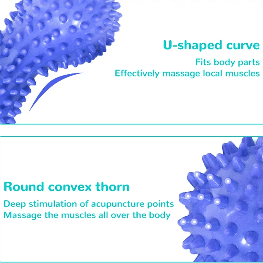 Blue peanut-shaped spiky massage ball with U-shaped curve and round thorns for deep muscle relief and tension release.