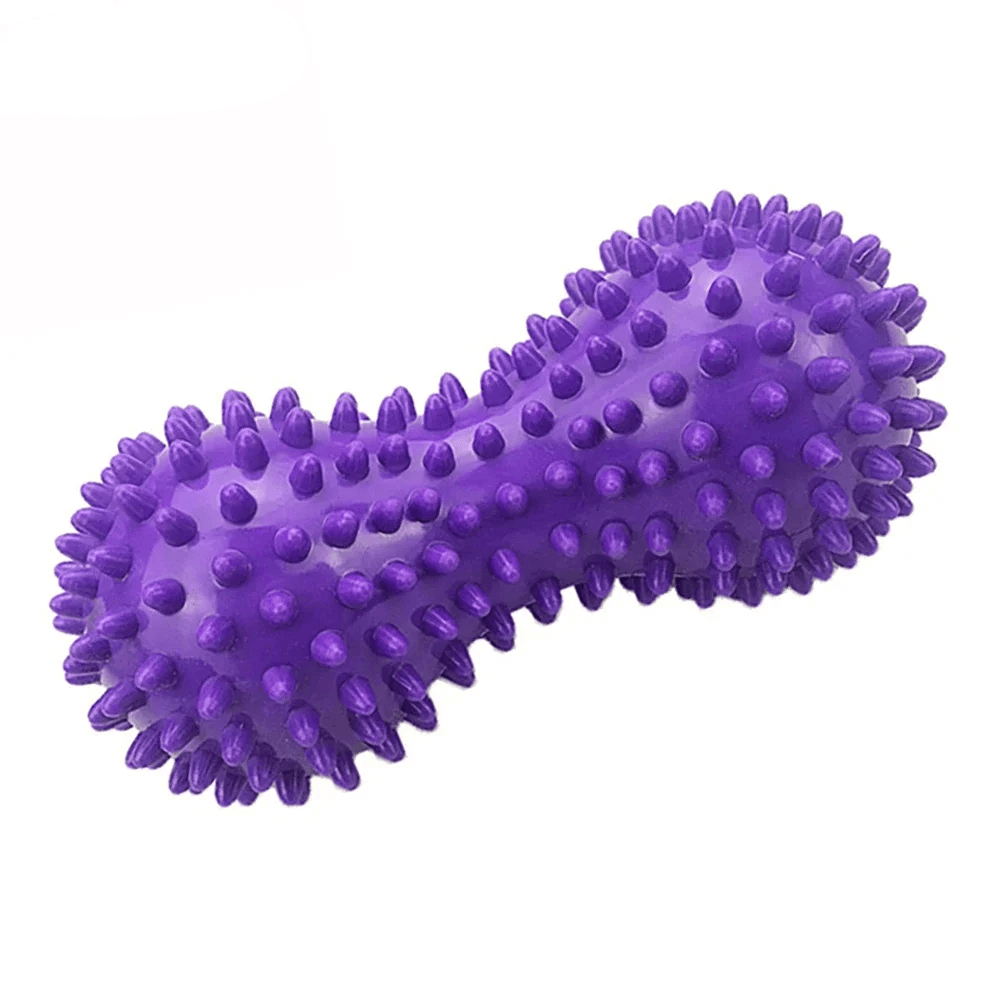Purple peanut-shaped spiky massage ball for muscle relief with 360° hedgehog bumps, ideal for back and body relaxation.