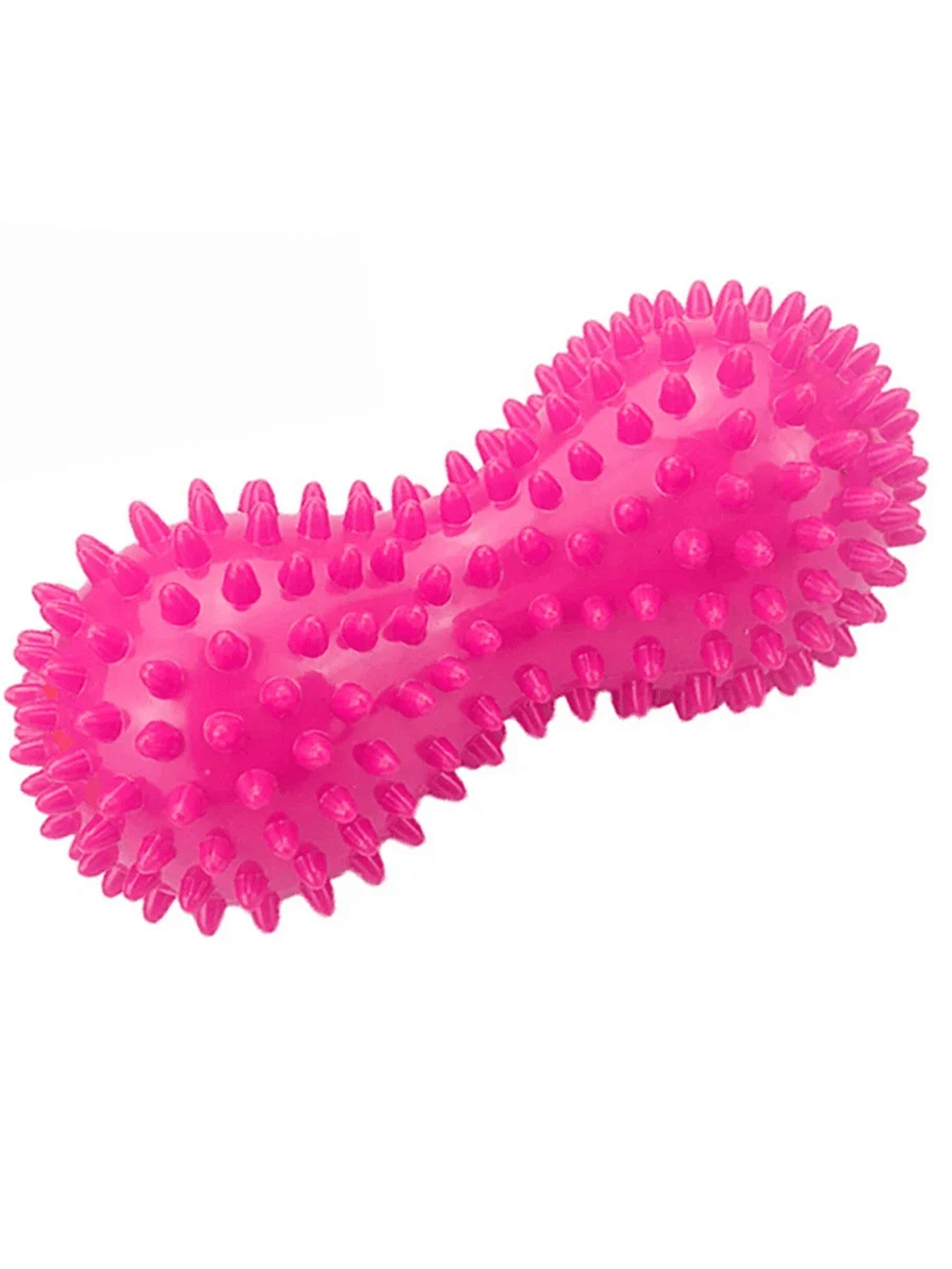 Pink peanut-shaped spiky massage ball with hedgehog bumps for muscle tension relief and improved circulation.