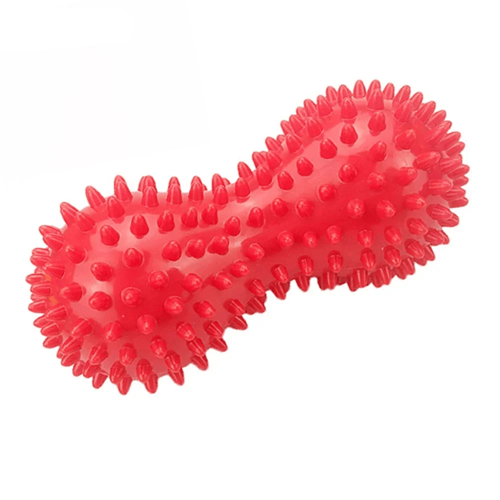 Red peanut-shaped spiky massage ball for muscle relief with 360° hedgehog design, ideal for back and body massage therapy.