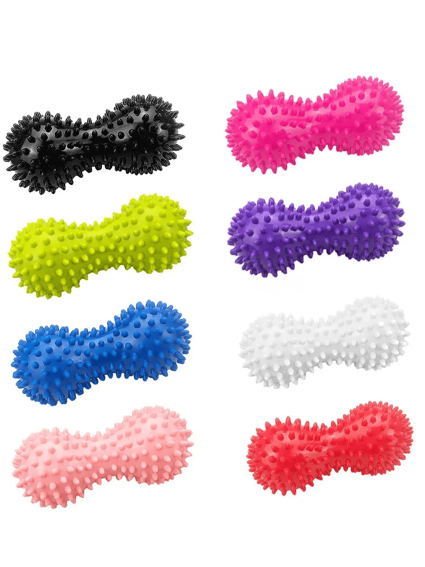 Colorful peanut-shaped spiky massage balls for muscle relief and improved circulation, in a variety of vibrant hues.