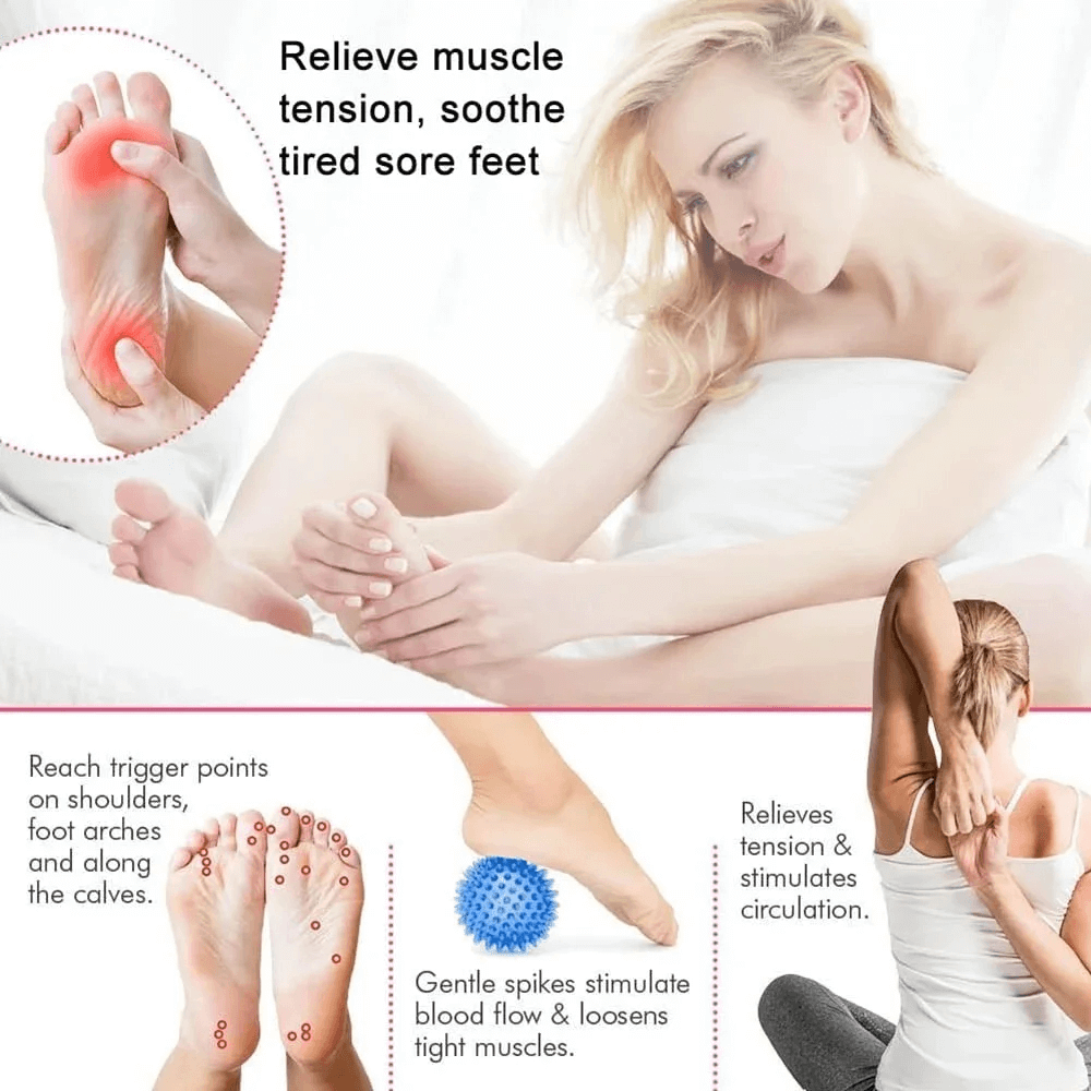 Woman using peanut-shaped spiky massage ball for muscle relief, targeting trigger points on feet for tension release and circulation boost.