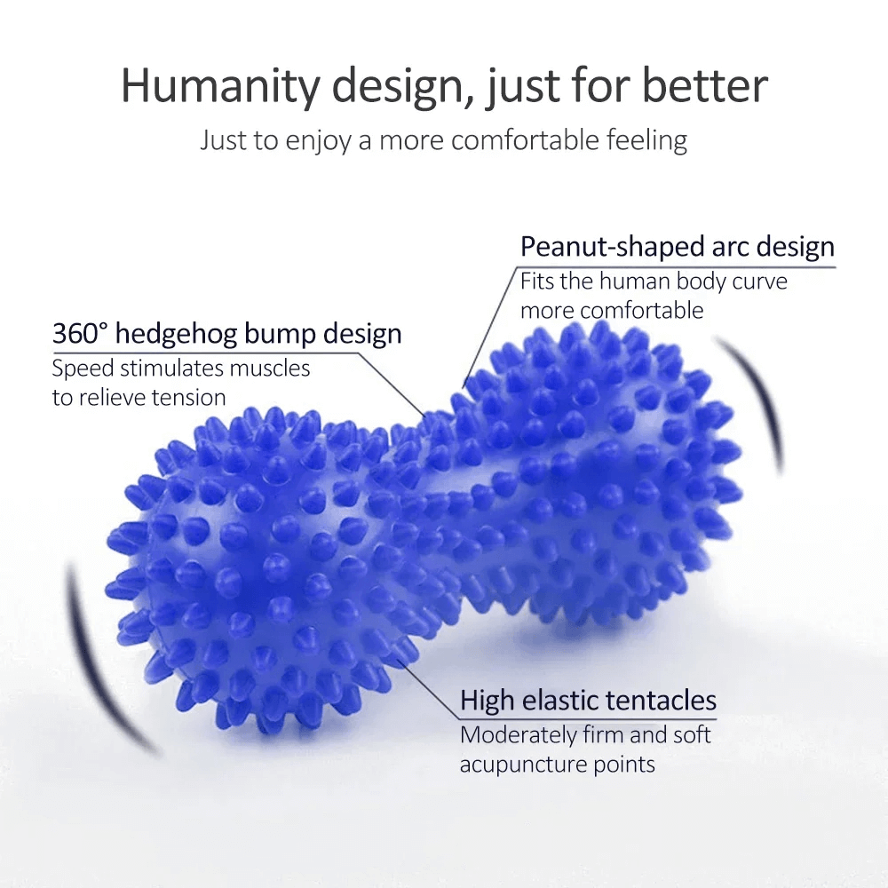 Blue peanut-shaped spiky massage ball with 360° hedgehog design for muscle relief and tension reduction, SF3247.
