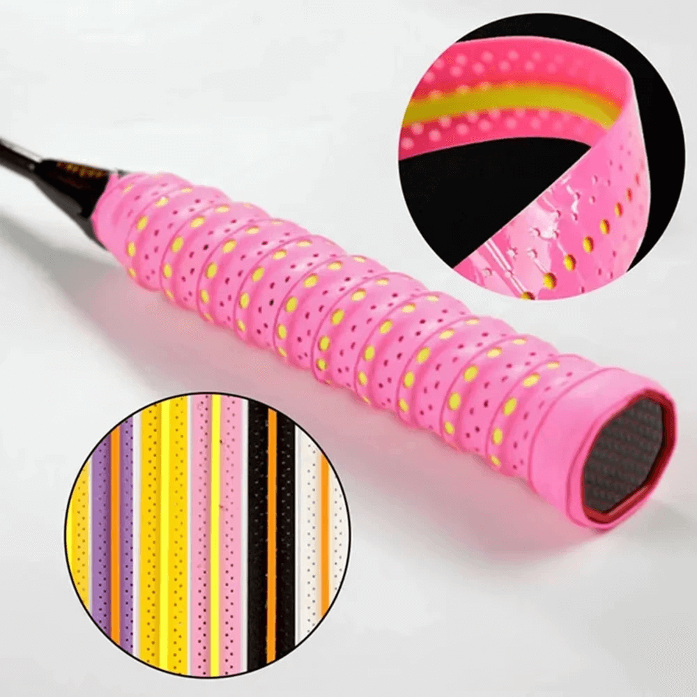 Perforated Anti-Slip Tennis Racket Overgrip Tape - SF3437 showcasing vibrant color options and secure, sweat-absorbing grip.