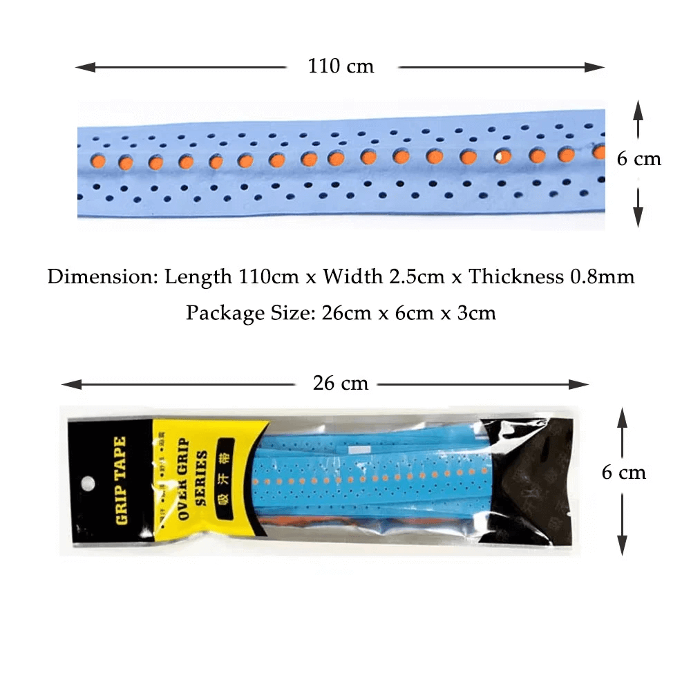 Image of Perforated Anti-Slip Tennis Racket Overgrip Tape - SF3437 with dimensions 110cm x 2.5cm x 0.8mm and packaging size 26cm x 6cm x 3cm.