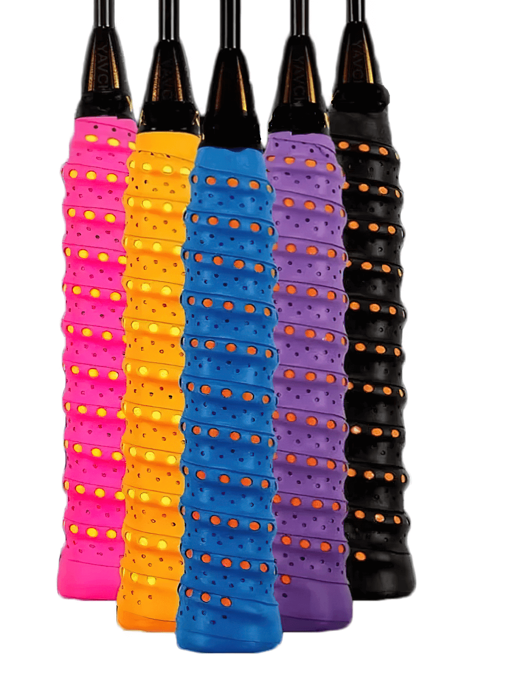 Perforated Anti-Slip Tennis Racket Overgrip Tape - SF3437 in vibrant colors on tennis racket handles