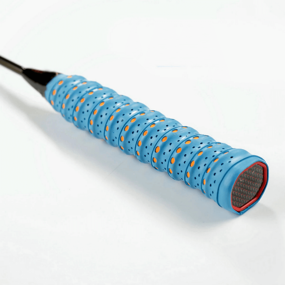 Perforated Anti-Slip Tennis Racket Overgrip Tape - SF3437 in vibrant blue applied to a racket, showcasing sweat-absorbing, durable design.