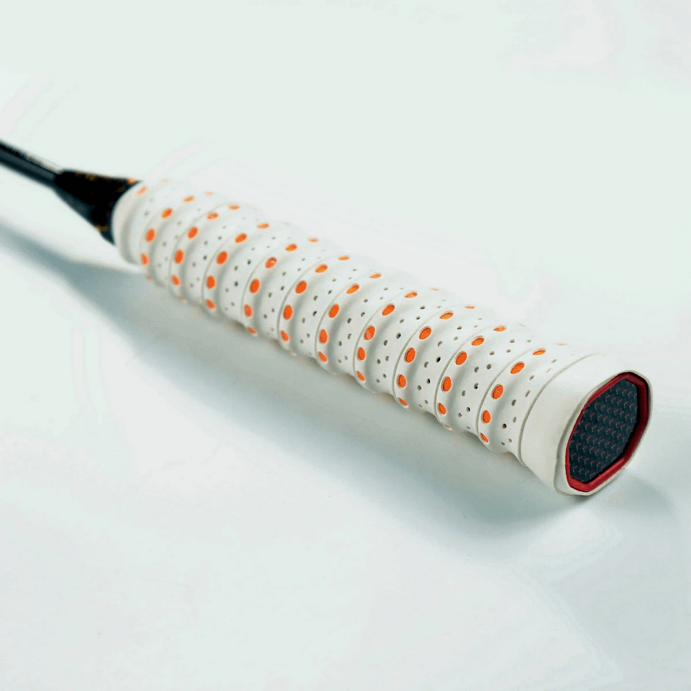 Perforated Anti-Slip Tennis Racket Overgrip Tape - SF3437 in white and orange, showcasing its breathable, sweat-absorbing design.