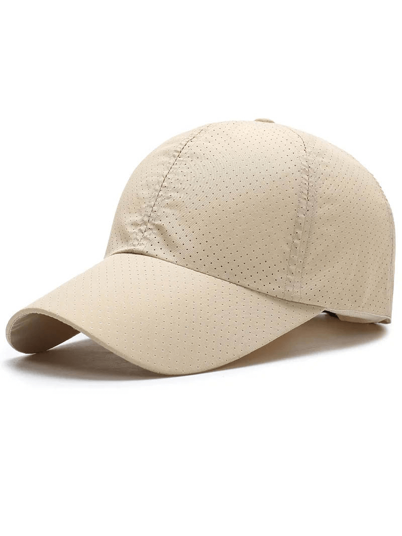 Beige perforated baseball cap with breathable design and adjustable strap, ideal for sports and outdoor activities, style SF2236.