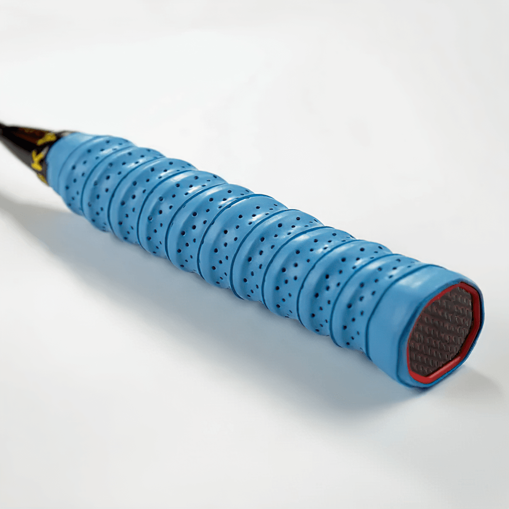 Close-up of blue Perforated Sweat-Absorbent Racket Overgrip Tape - SF3450 with breathable non-slip wrap for tennis and badminton rackets.