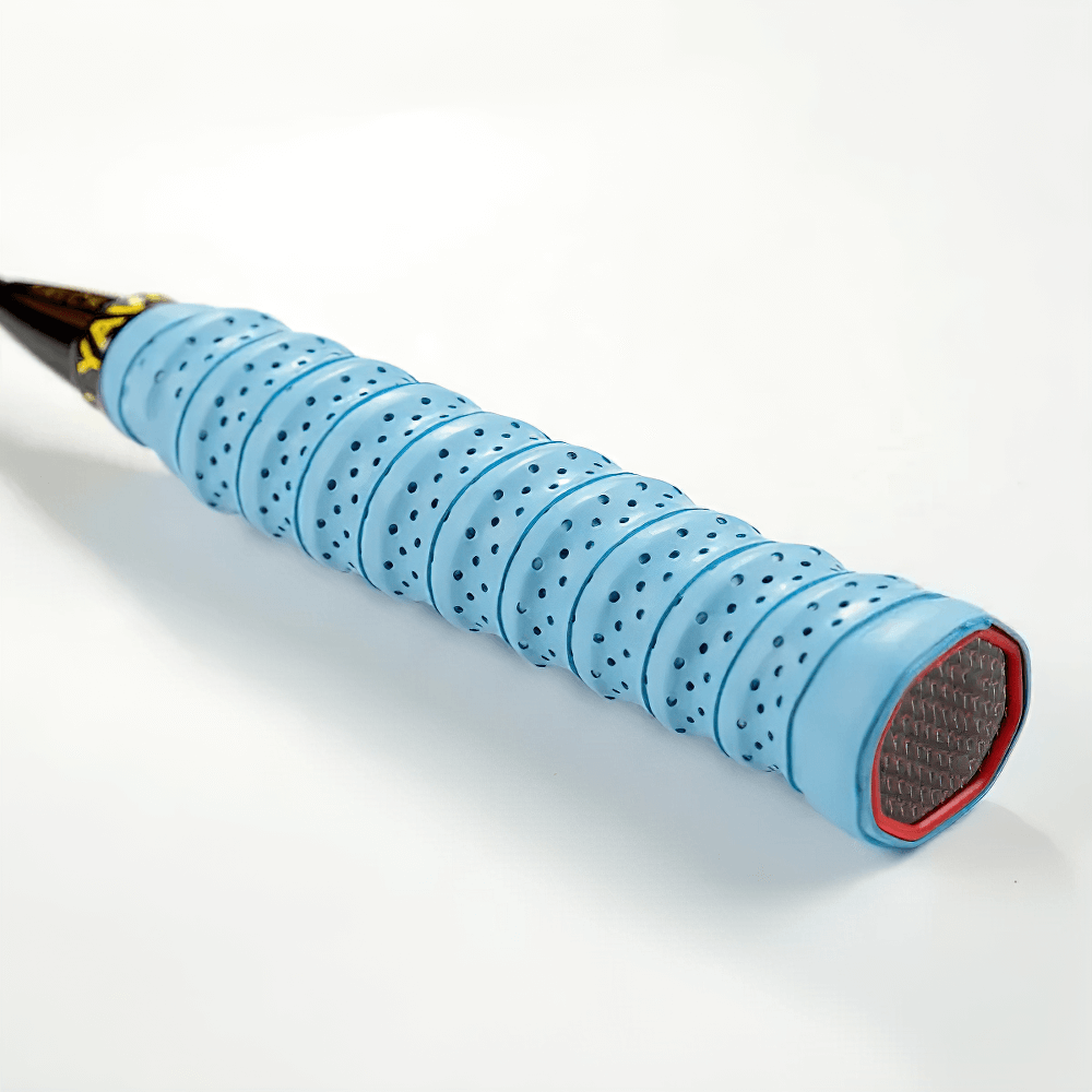 Perforated Sweat-Absorbent Racket Overgrip Tape - SF3450 wraps a tennis racket handle in durable blue for optimal grip performance.