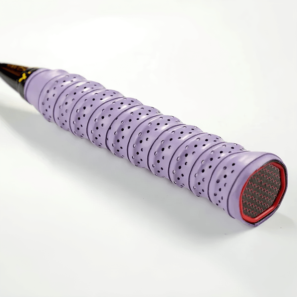 Close-up of Perforated Sweat-Absorbent Racket Overgrip Tape - SF3450 on racket handle, showcasing its breathable and non-slip design.