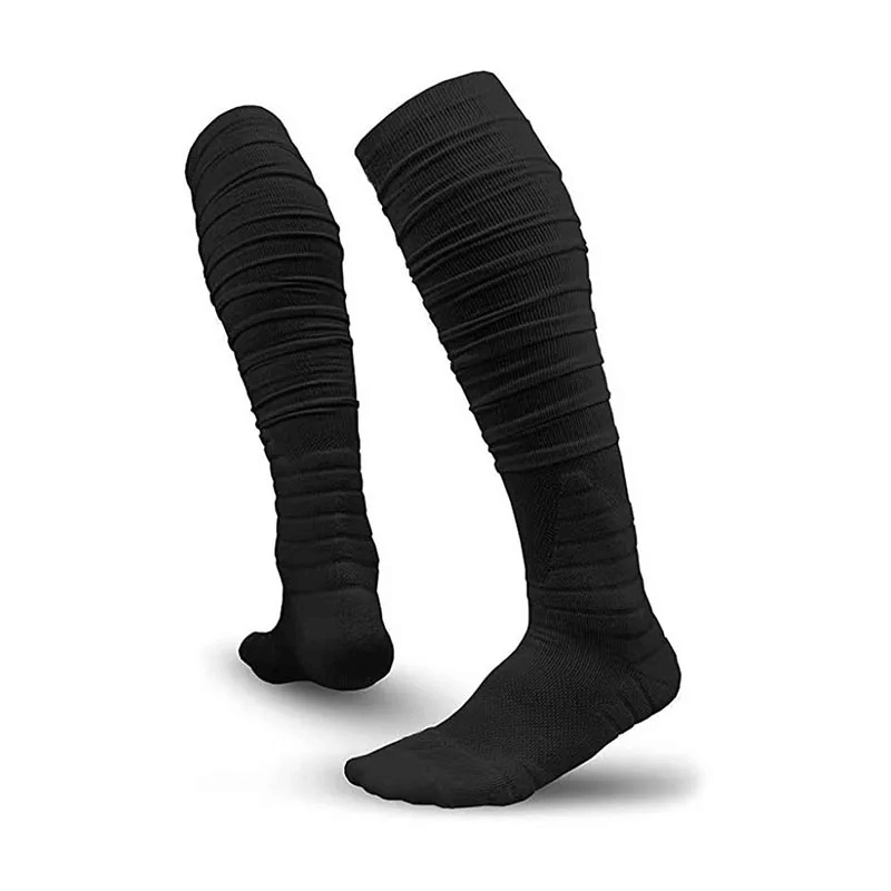 Black compression knee-high rugby socks with ribbed design, ideal for sports and workouts, featuring reinforced heel and toe.