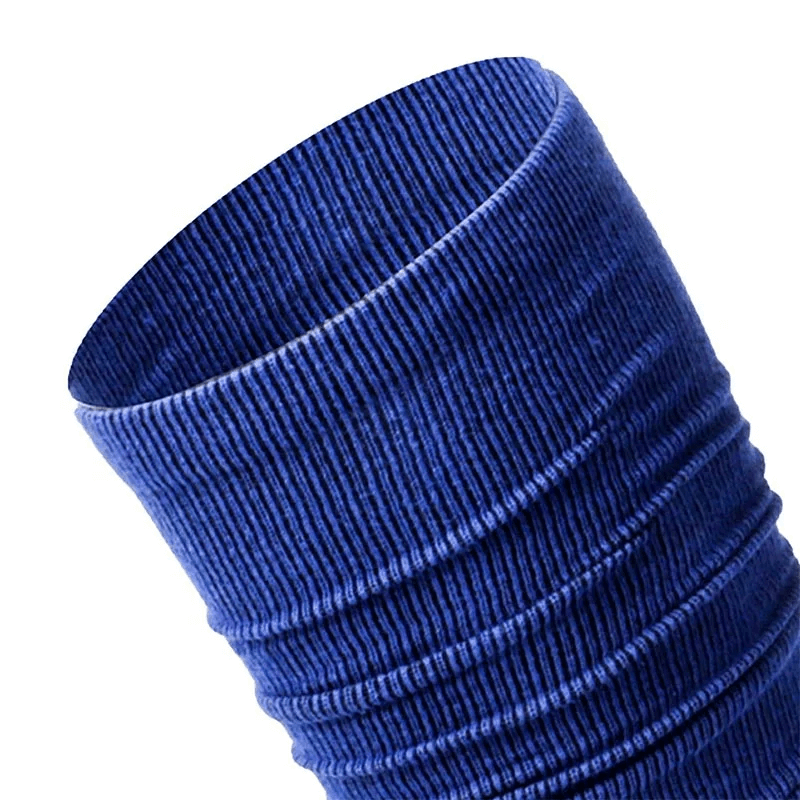 Blue ribbed compression knee-high rugby sock showcasing elastic and durable fabric.