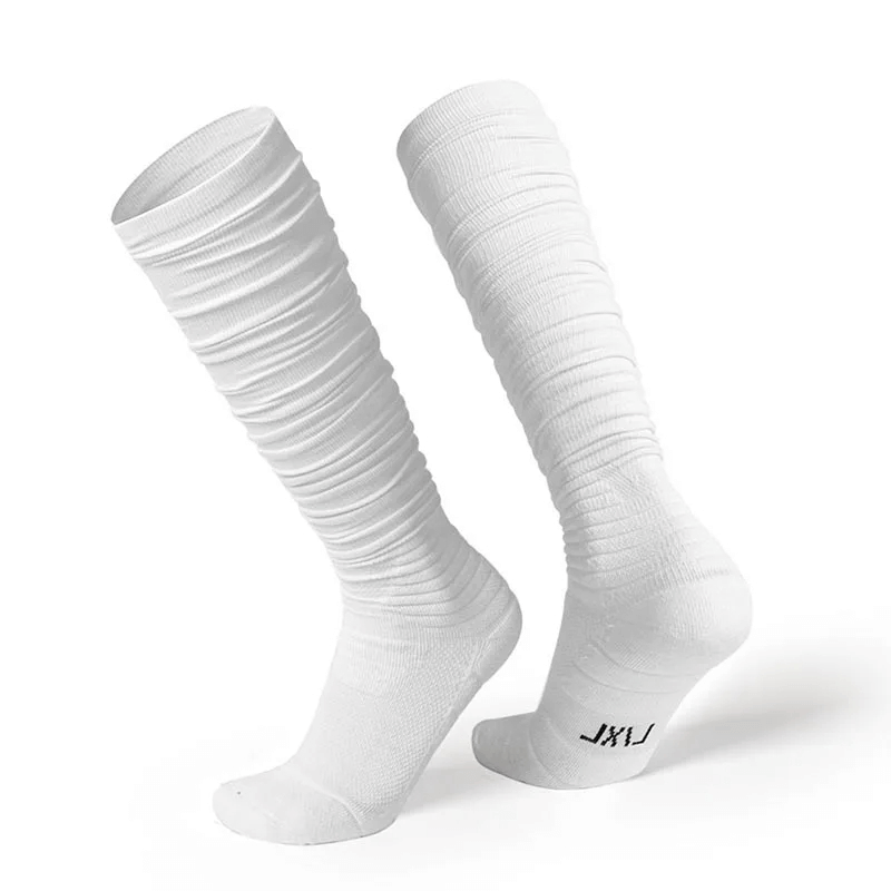 White knee-high compression rugby socks SF2226, ribbed design for sports performance and durability.