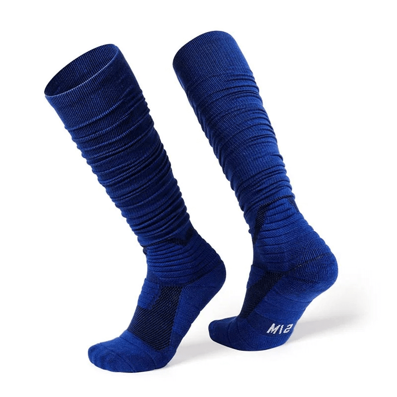 Blue performance compression knee-high rugby socks with ribbed design and reinforced heel and toe for durability and comfort.