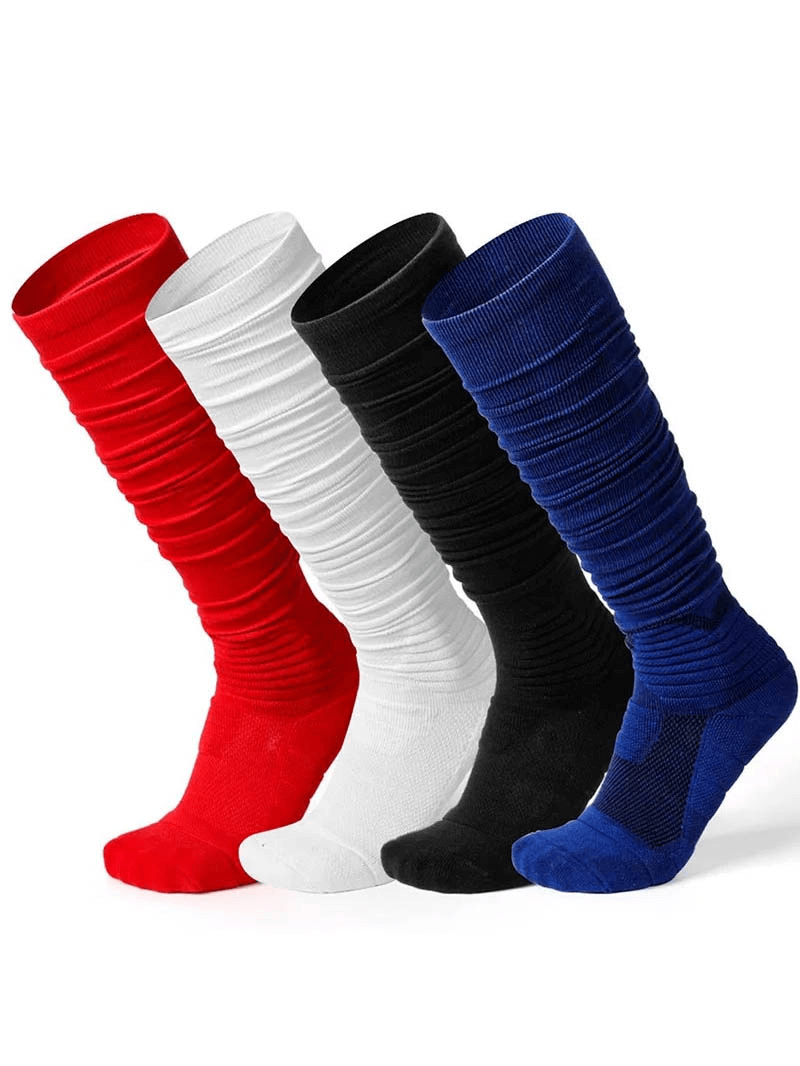 Colorful performance compression knee-high rugby socks SF2226 in red, white, black, and blue, ideal for sports and workouts.