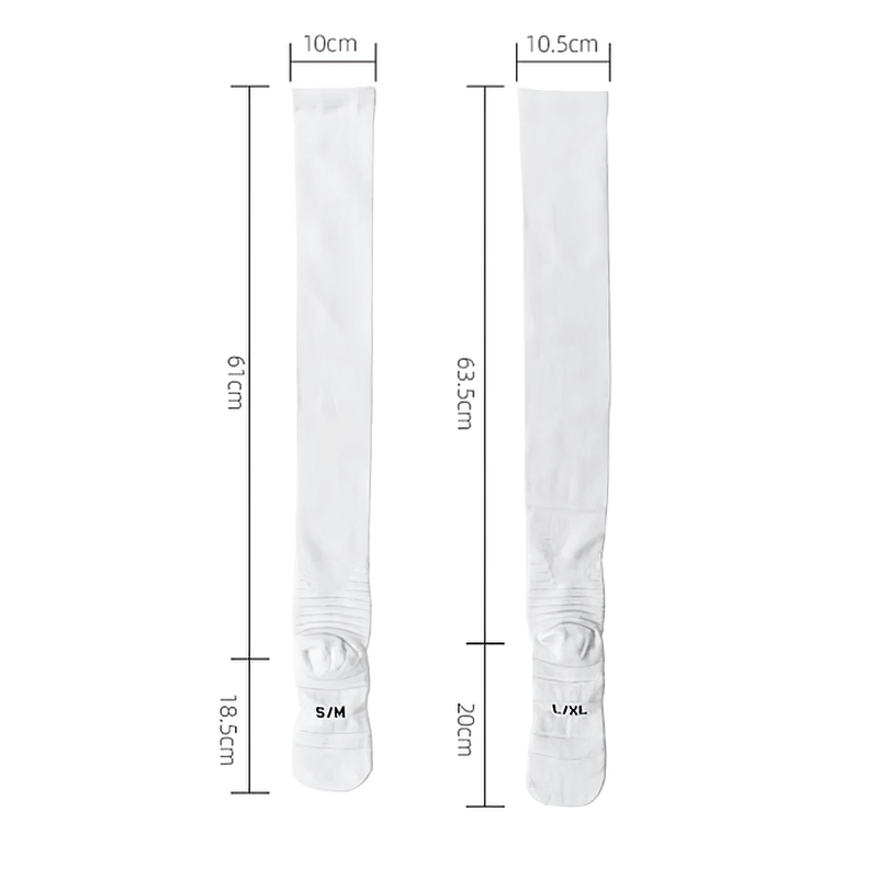 White performance compression knee-high rugby socks with dimensions labeled: sizes S/M and L/XL, showcasing length and ribbed design.