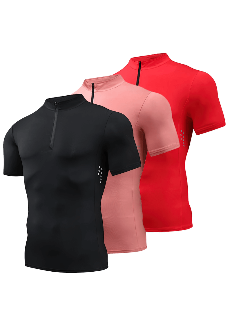 Three men's performance half zip compression t-shirts in black, coral, and red, perfect for breathable workouts and athletic fit.