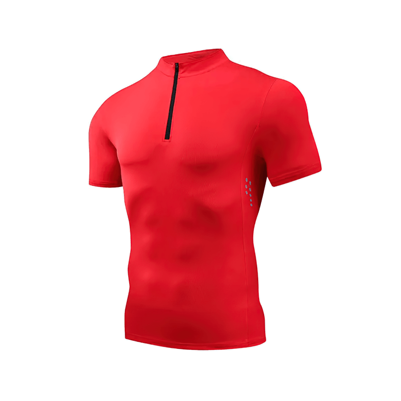 Men's coral half zip compression T-shirt - breathable and flexible for intense workouts.