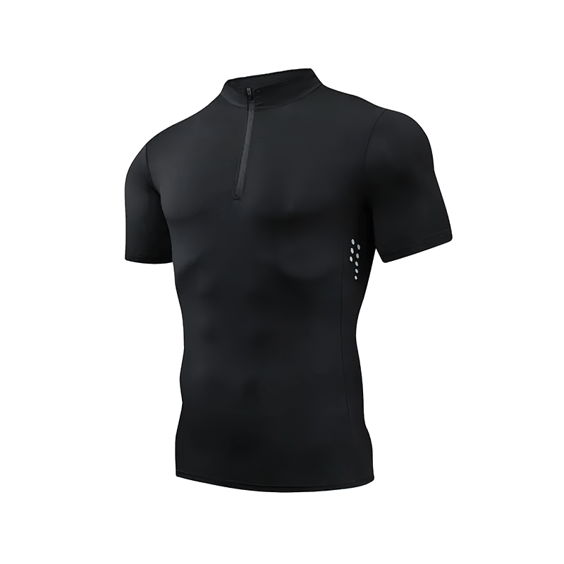 Men's black half zip compression t-shirt, breathable and flexible, ideal for workouts.