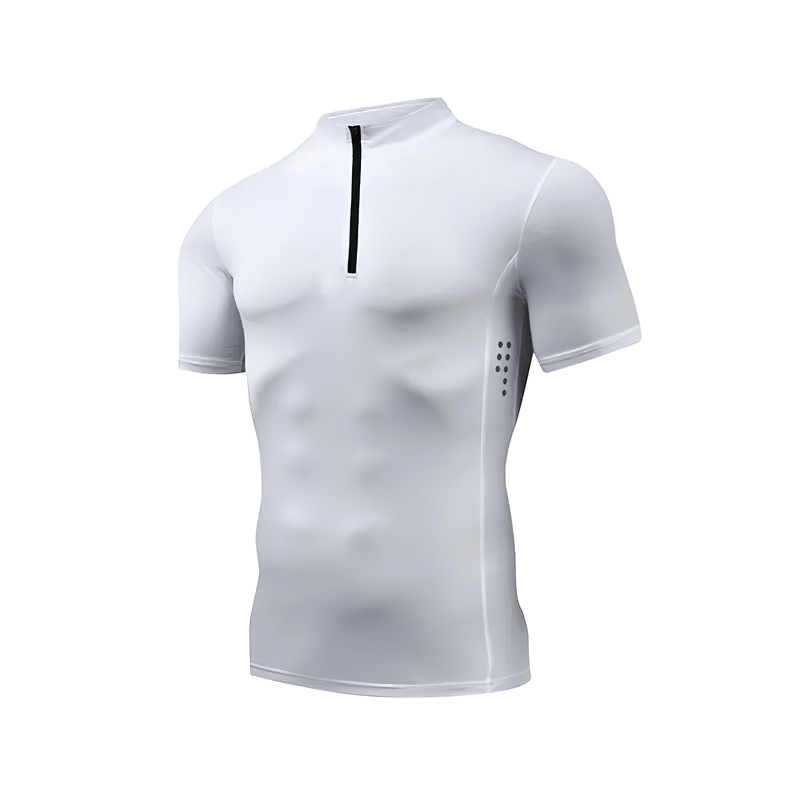 Men's white half zip compression T-shirt, breathable and flexible for workouts. Perfect for athletic performance.