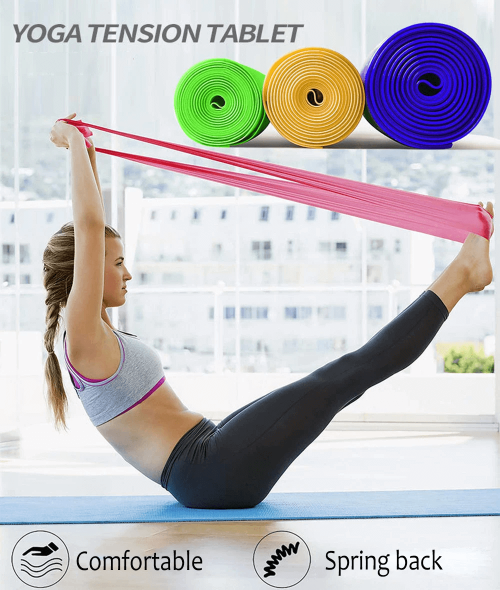 Woman using pink pilates resistance band for fitness, showcasing yoga exercise with colorful bands in background.