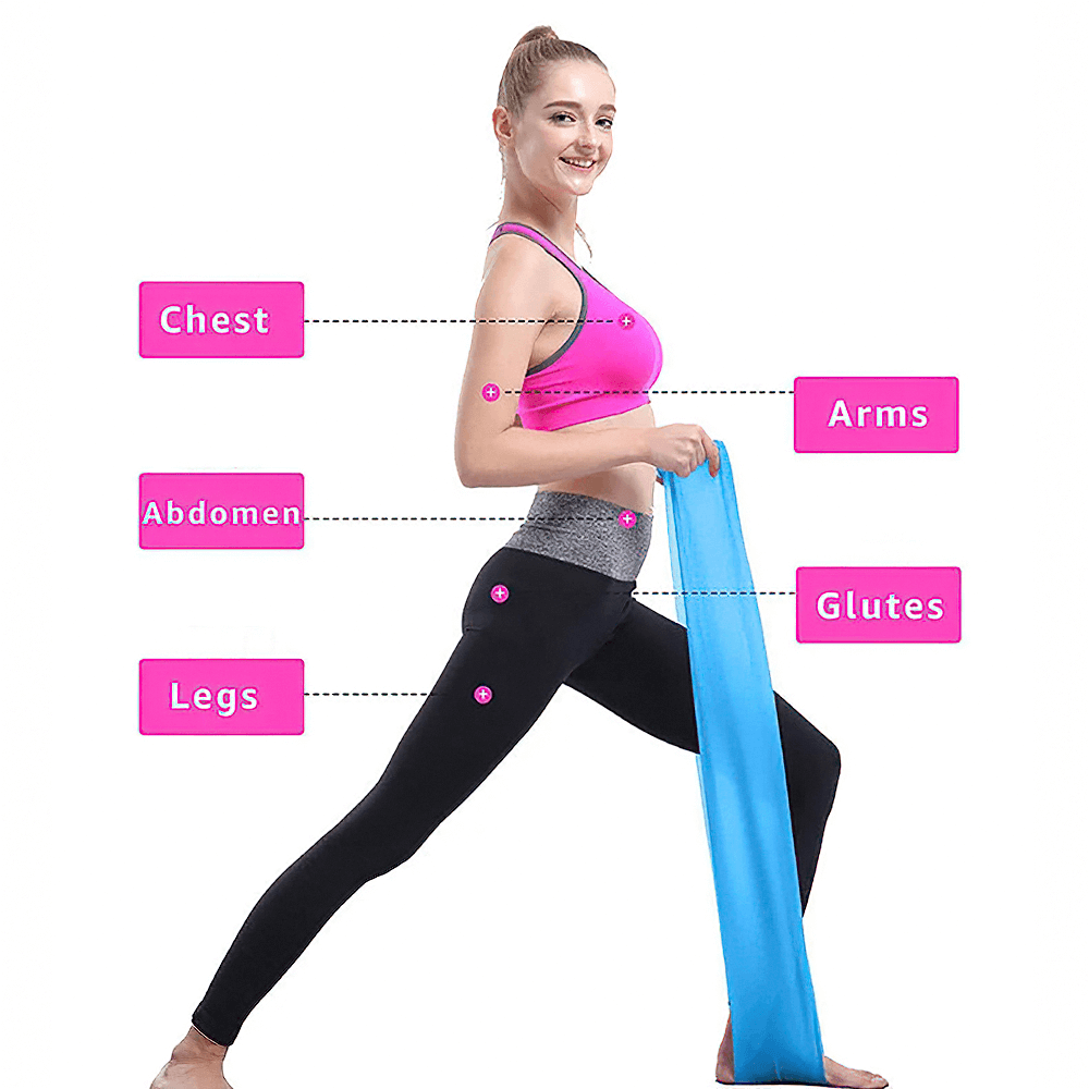 Woman using blue Pilates resistance band for home workout, targeting chest, abdomen, arms, glutes, and legs. Perfect for fitness.