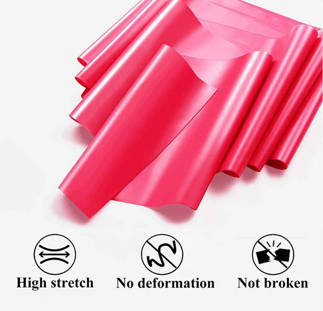 Pink pilates resistance bands made of durable natural latex, showcasing high stretch, no deformation, and unbreakable quality.