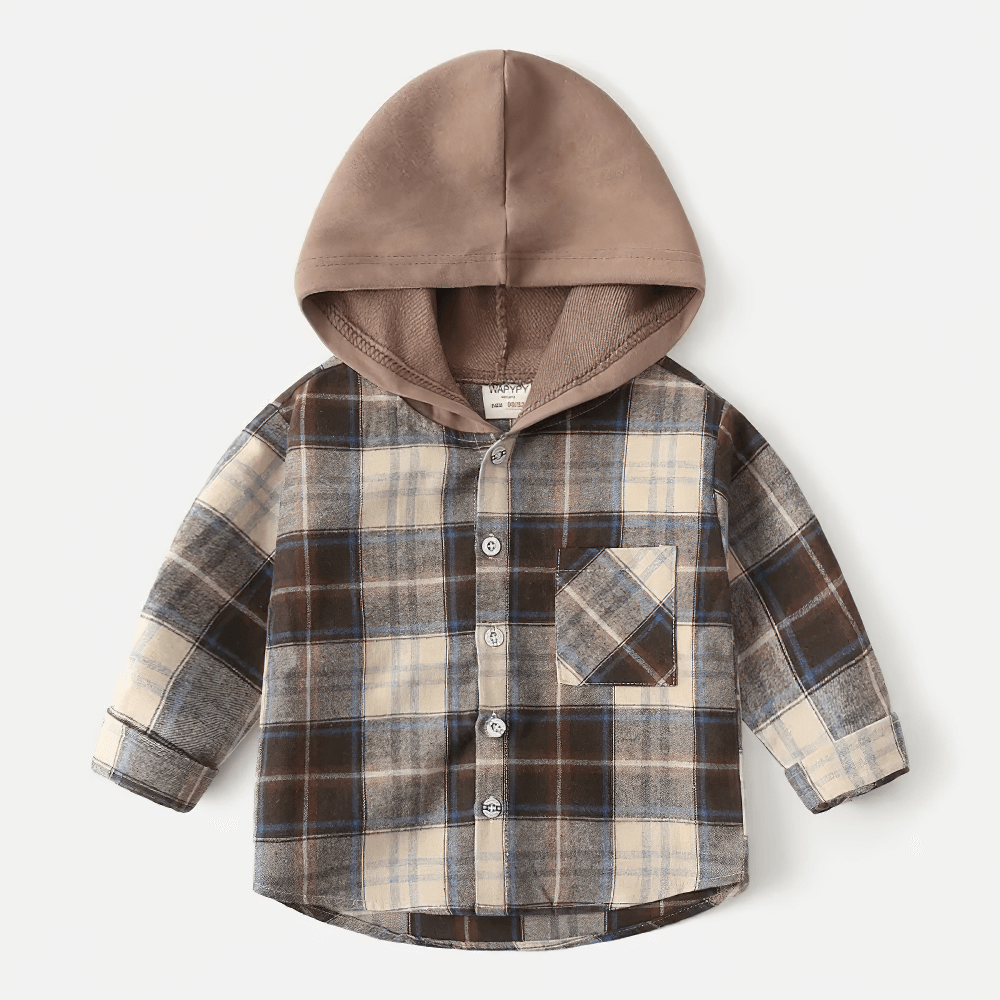 Plaid Hooded Long Sleeved Shirt for Boys and Girls - SF3524, kids flannel button down with hood, perfect for autumn layering.