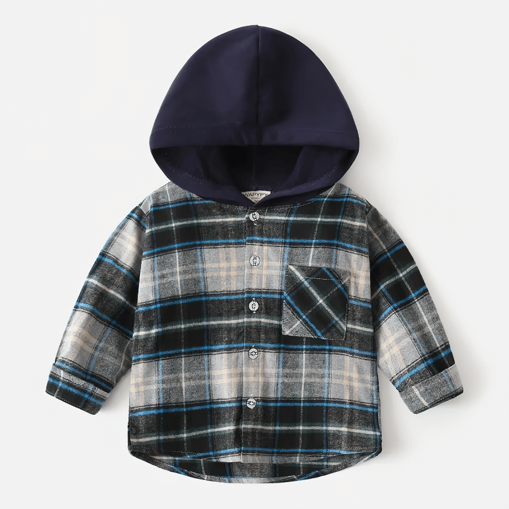 Plaid Hooded Long Sleeved Shirt for Boys and Girls - SF3524, kids' flannel shirt with front pocket ideal for cooler weather layering.