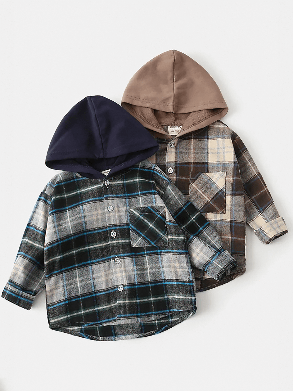 Plaid Hooded Long Sleeved Shirt for Boys and Girls - SF3524, featuring blue and brown plaid designs with button-down style and hoods.