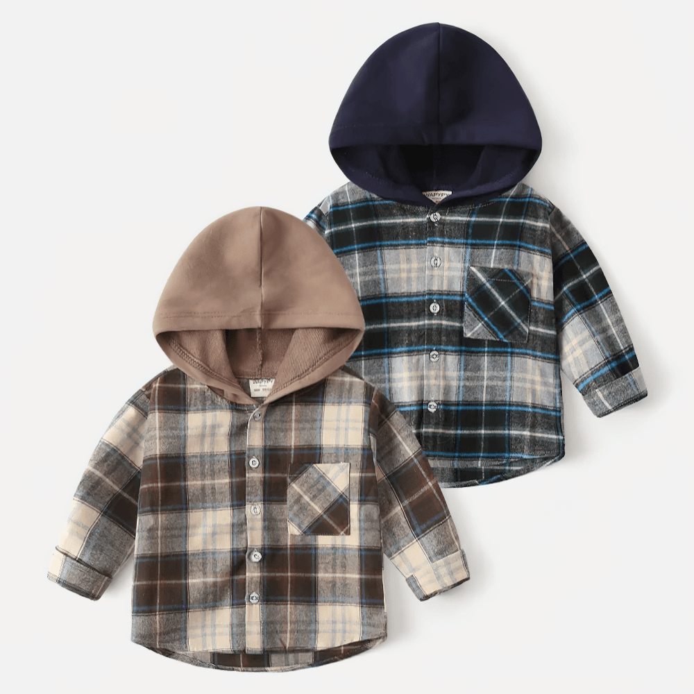 Plaid Hooded Long Sleeved Shirt for Boys and Girls - SF3524 shown in brown and navy plaid flannel with buttons and hood.