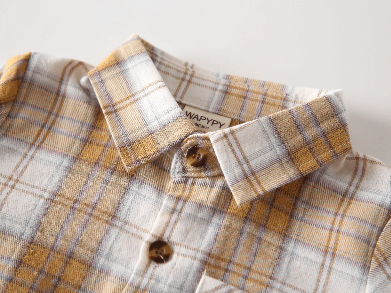 Plaid Long-Sleeved Toddler Boys Flannel Shirt - SF3521 in yellow and grey check pattern close-up.