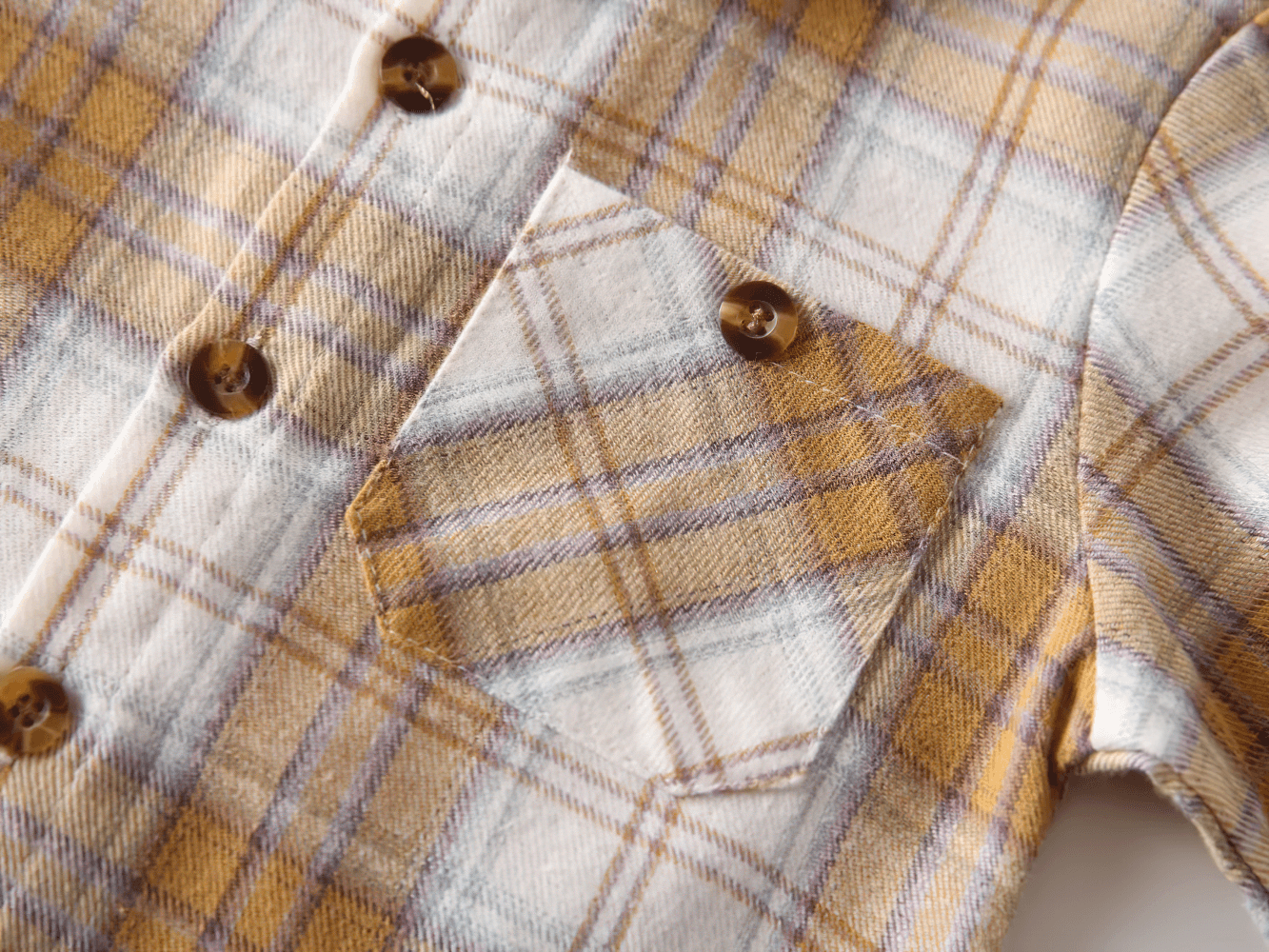 Close-up of Plaid Long-Sleeved Toddler Boys Flannel Shirt - SF3521 showing button-down front and pocket detail.