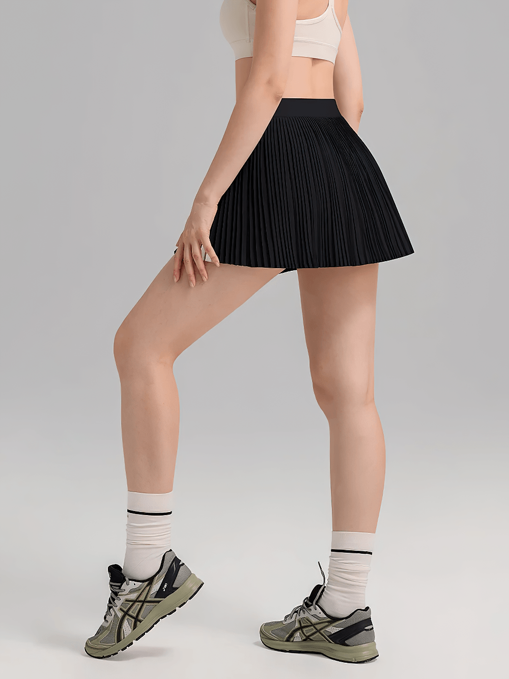 Alt Tag: Pleated Skirt with Inner Shorts and Pockets - SF4442 black pleated tennis running skort with built-in shorts, hidden pockets