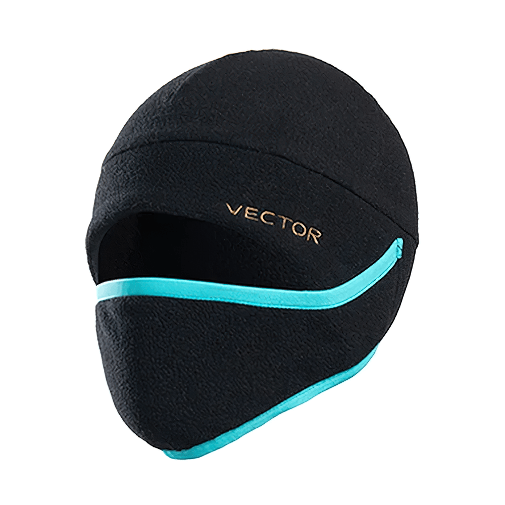 Windproof thermal polar fleece balaclava hat with face protection in black, featuring a sleek contrasting logo for cold weather outdoor use.