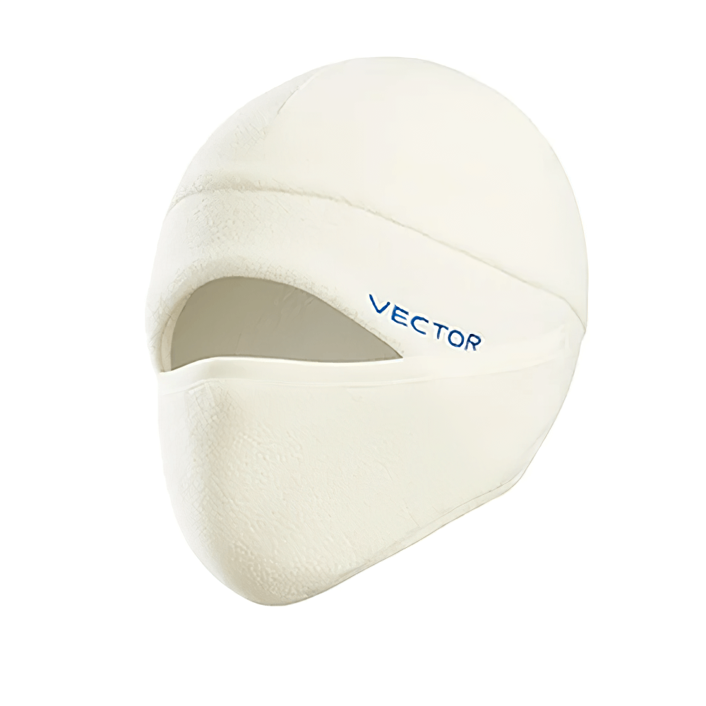 White polar fleece balaclava with face protection and a logo, offering warmth and windproof design for cold weather outdoor activities.