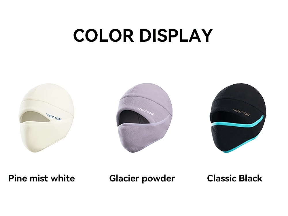 Polar fleece balaclavas in Pine Mist White, Glacier Powder, and Classic Black with face protection for cold weather.