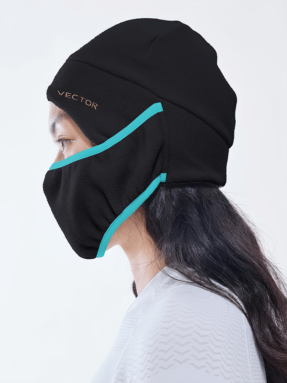 Side view of a Polar Fleece Balaclava Hat with face mask, SF2484, featuring windproof design, contrasting logo, and stretch edging.