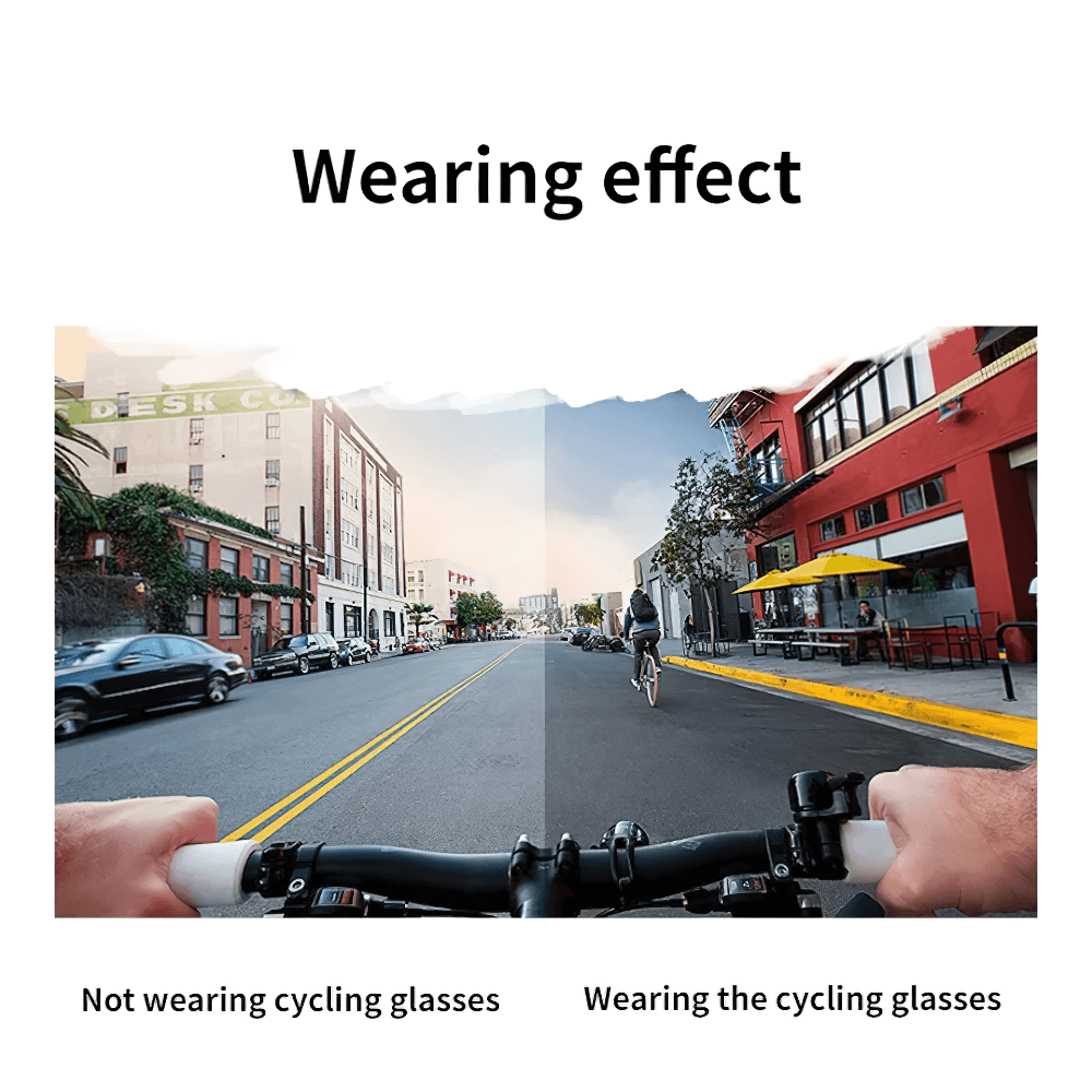 Side-by-side comparison of cycling with and without sunglasses, showing improved visibility and clarity when wearing cycling glasses.