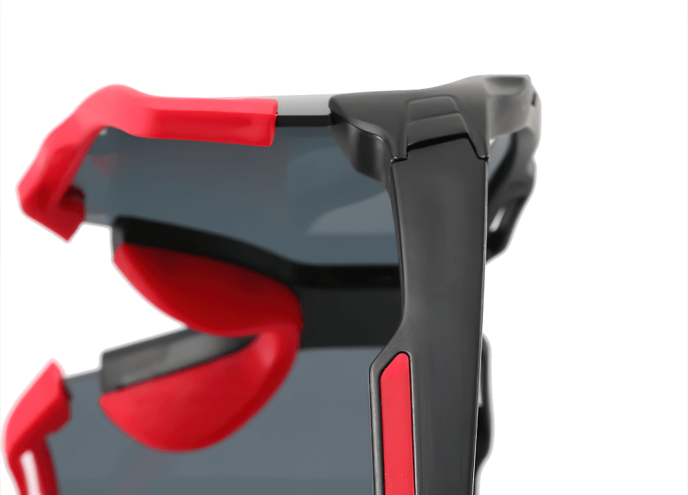 Close-up of Polycarbonate Half Rim Cycling Sunglasses SF2217 with a stylish multi-color frame, featuring durable polycarbonate lenses for road biking.