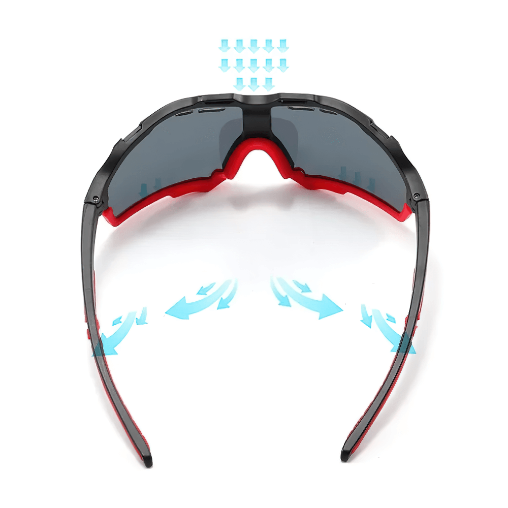 Back view of multi-color polycarbonate half-rim cycling sunglasses SF2217, showcasing ventilation design and stylish frame.