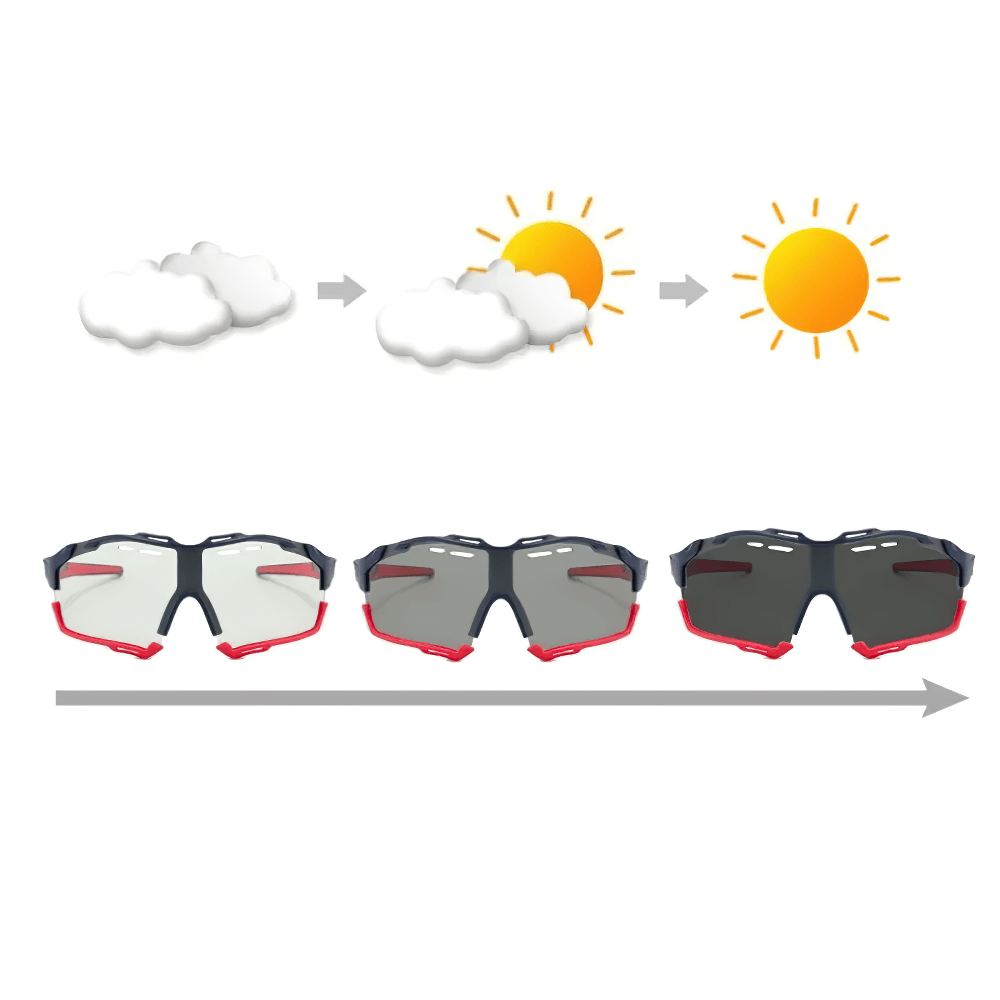 Dynamic Polycarbonate Half Rim Cycling Sunglasses with Multi-Color Frames and UV Protection, Ideal for Changing Weather Conditions