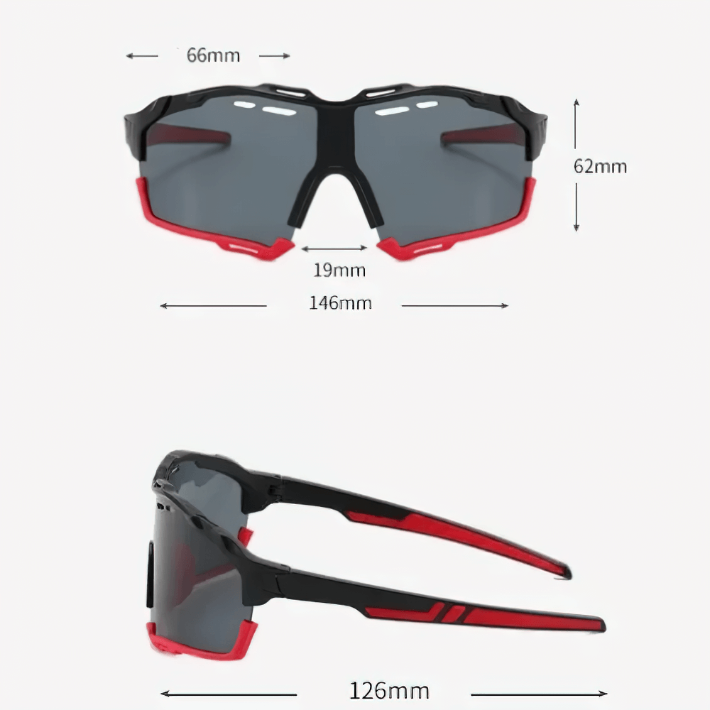 Polycarbonate Half Rim Cycling Sunglasses SF2217 with red and black frame, 62mm lens height for road biking, CE-certified protection.