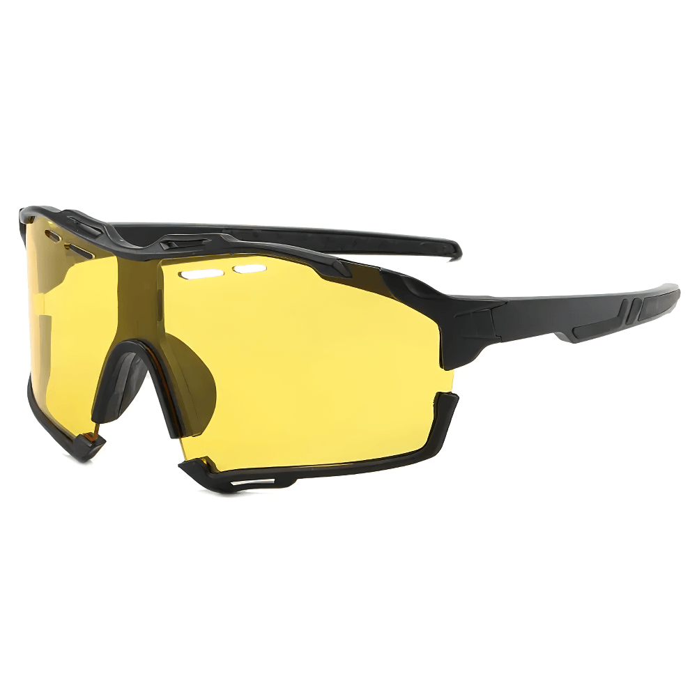 Multi-color half-rim cycling sunglasses with polycarbonate lenses, perfect for road biking, offering extensive coverage, style, and protection.