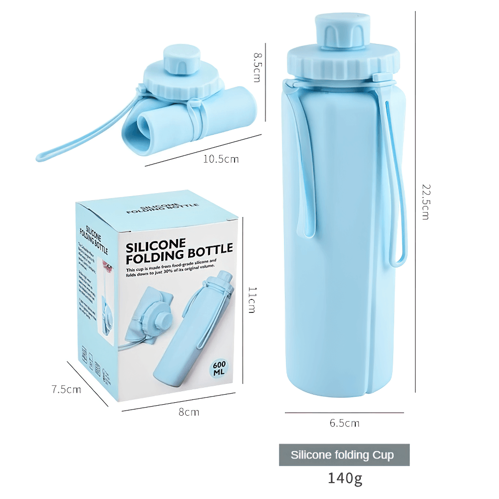 Portable Collapsible Bottle for Travel and Gym - SF3490 in blue, folded and unfolded view with box, 600ml BPA-free silicone.