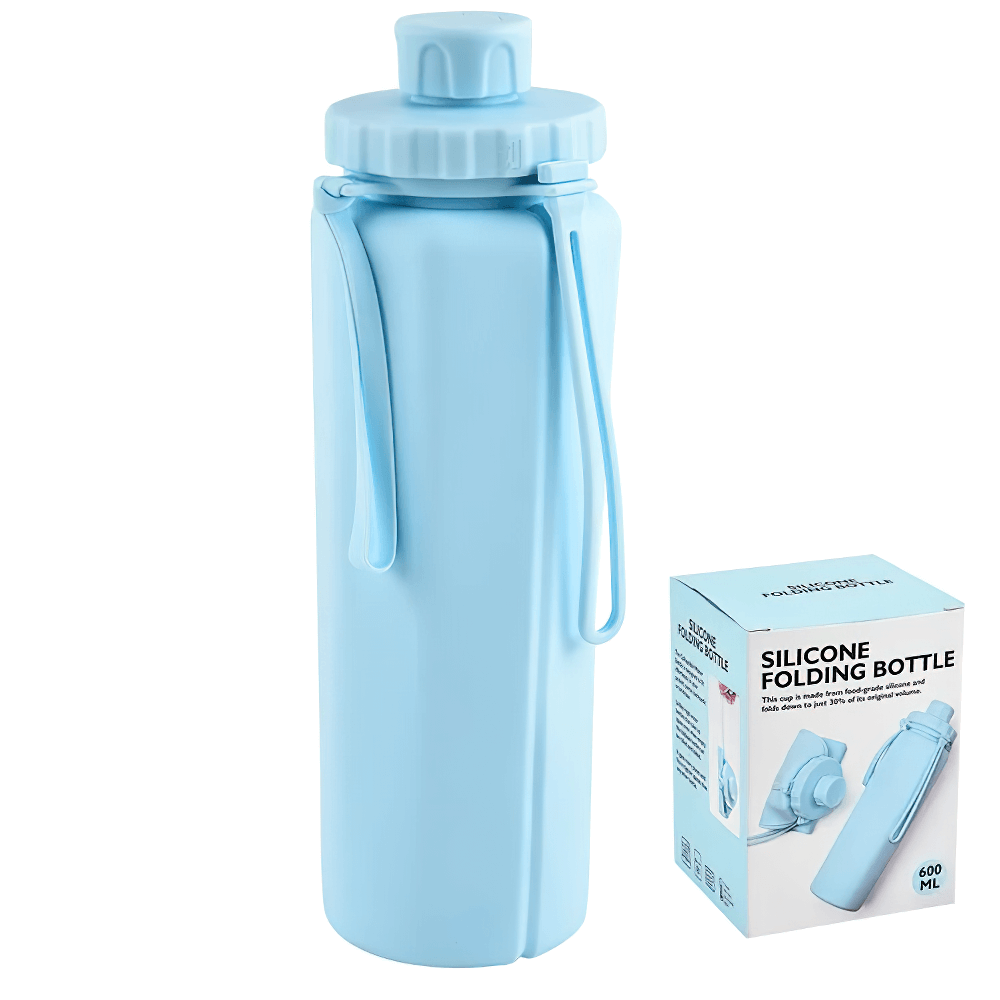 Portable Collapsible Bottle for Travel and Gym - SF3490 in light blue with packaging, perfect reusable foldable water bottle for outdoor use.