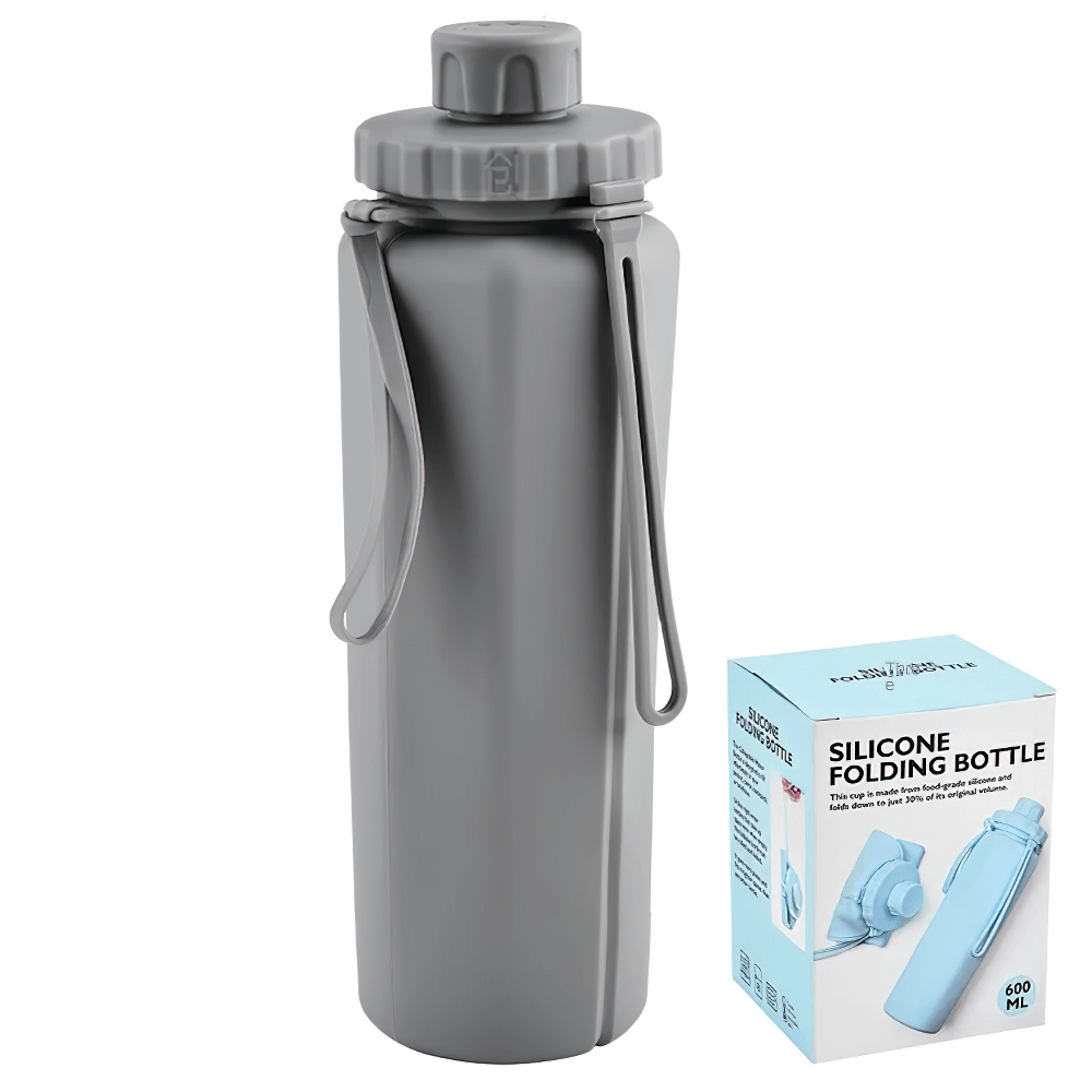 Portable Collapsible Bottle for Travel and Gym - SF3490 with box showing silicone folding design.