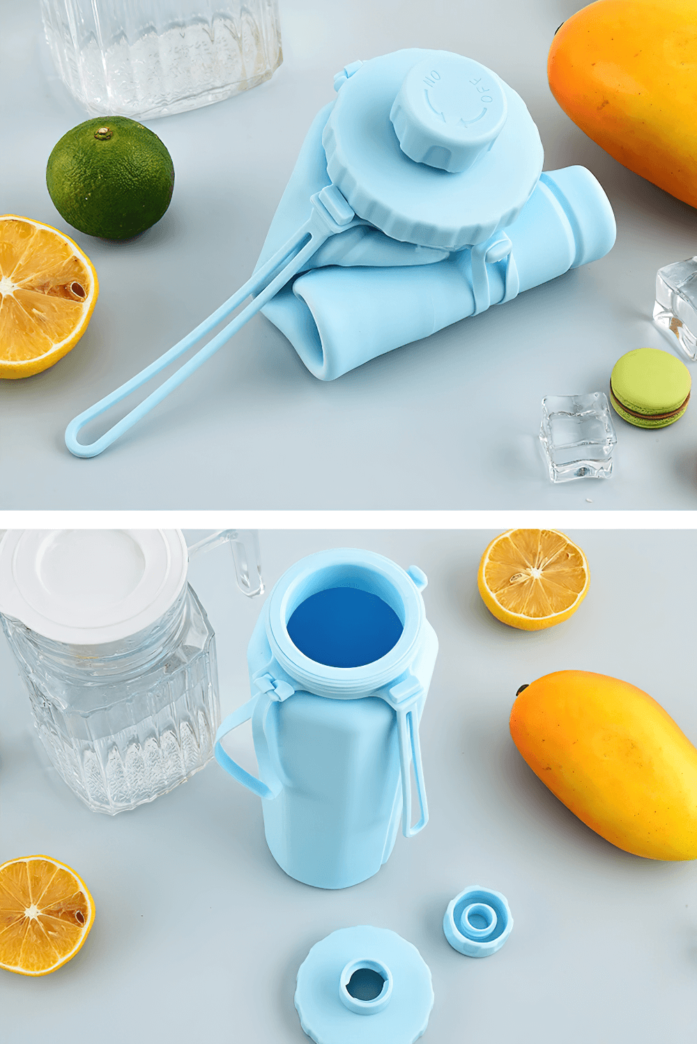 Portable Collapsible Bottle for Travel and Gym - SF3490 shown folded and open with fruits